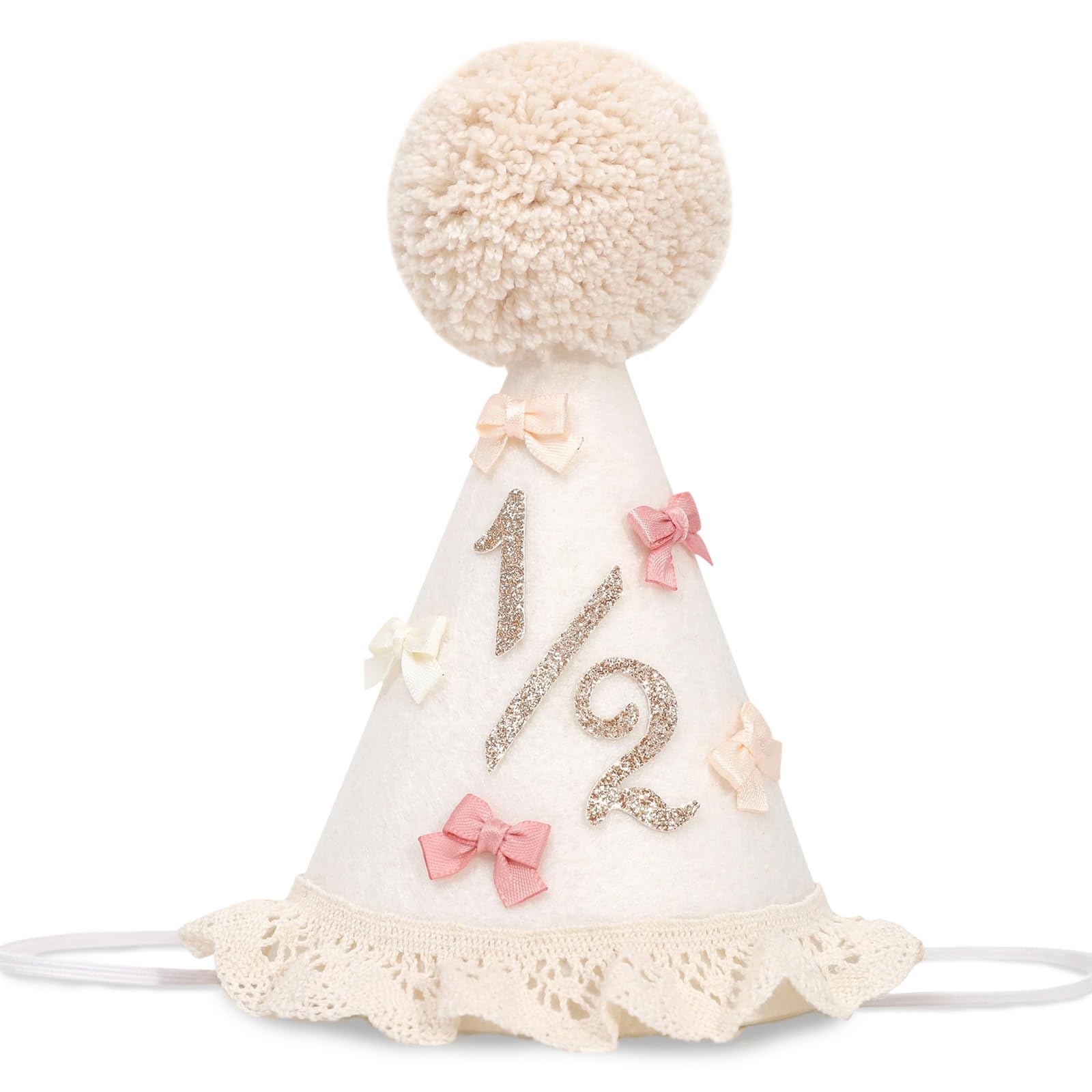 Cunegra Bow Half Birthday Hat for Girls, White Felt 1/2 Birthday Cap with Pom-Pom, 1/2 Birthday Decoration Hat, 6 Months Photo Prop for Baby