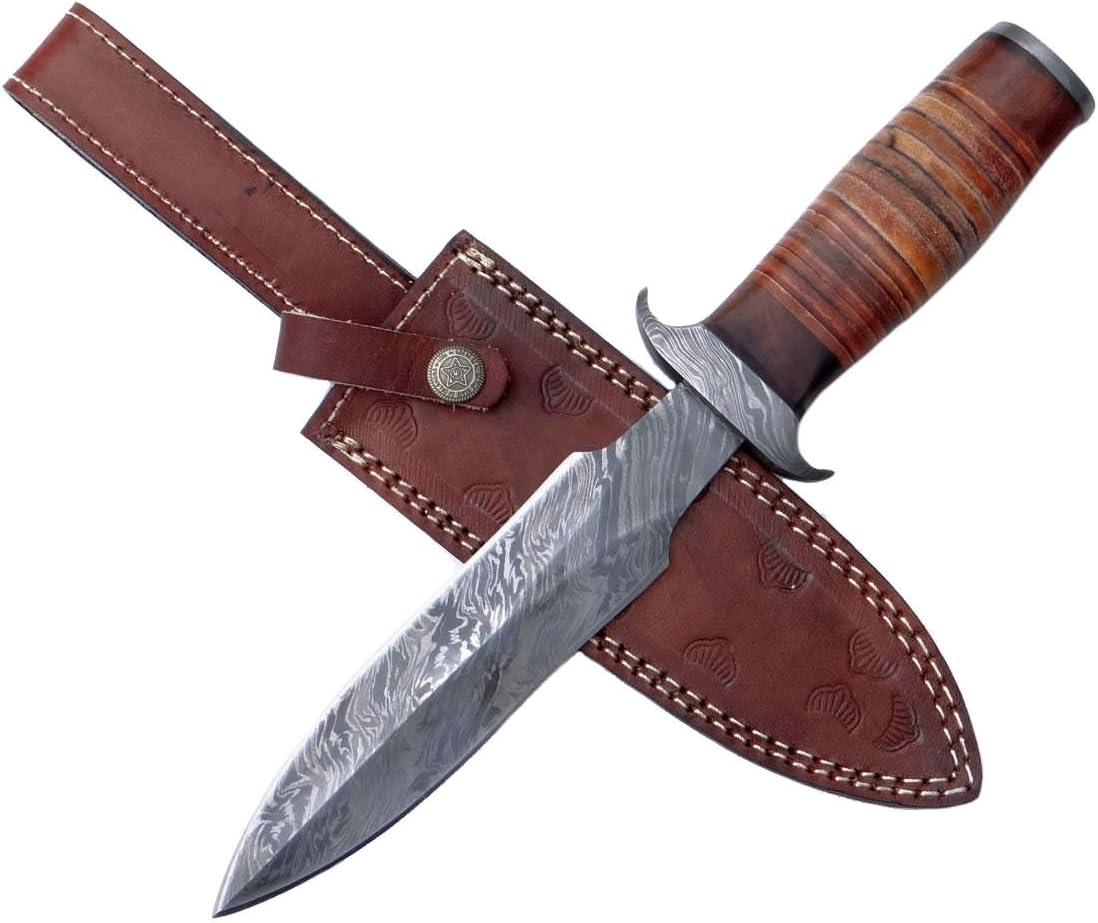 Custom Handmade Dagger Knife Damascus Steel Guard & Pomel With Stack Leather 12"