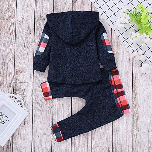 Infant Toddler Boys Girls Sweatshirt Set Winter Fall Clothes Outfit 0-3 Years Old,Baby Plaid Hooded Tops Pants (Blue, 2-3 Years) - Thumbnail 3