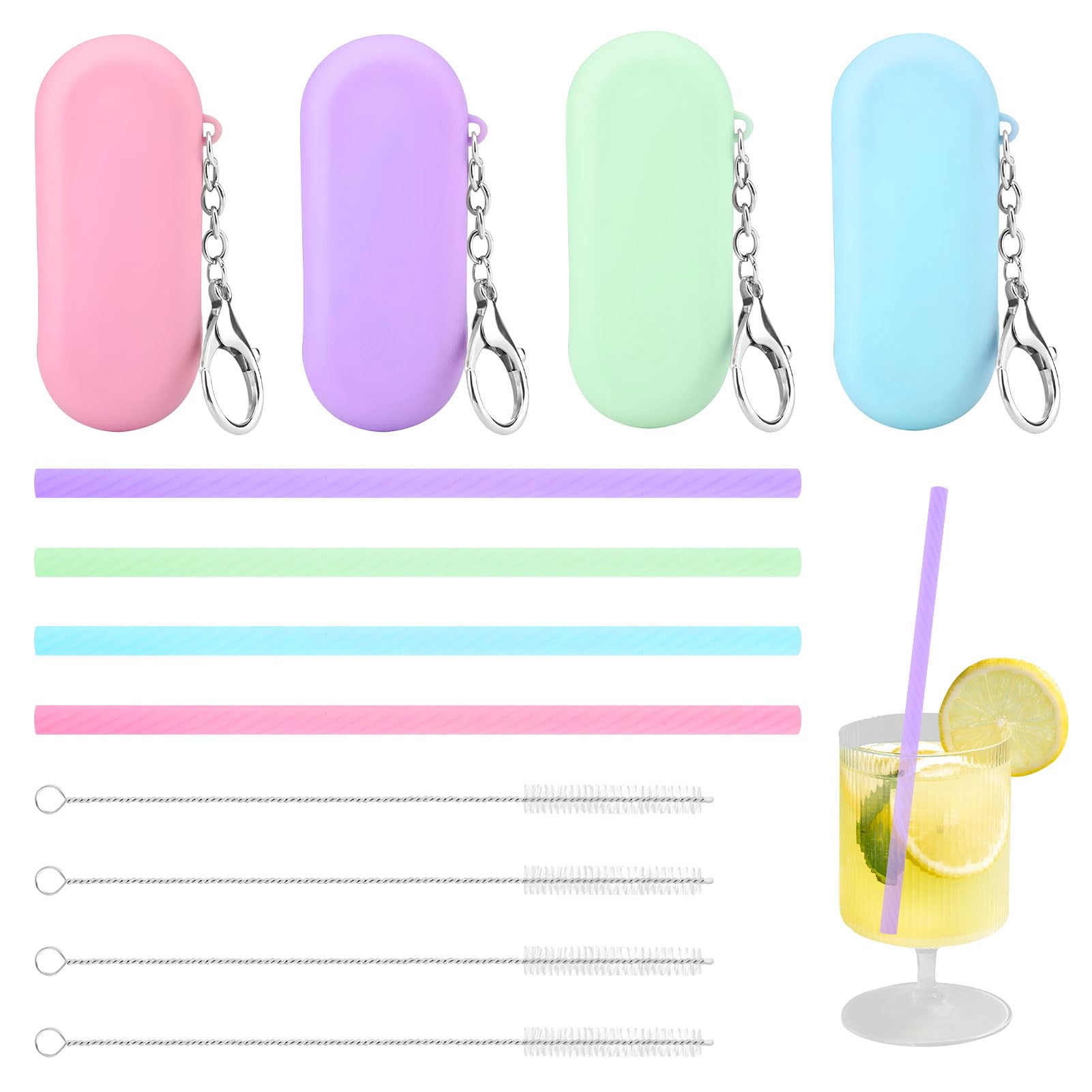 Silicone Straws Reusable,4 Sets Reusable Straws with Case Colorful Reusable Straw Kits with Cleaning Brush,Portable Silicone Straws Sets Portable Straw for Cold or Hot Drinks Reusable Straws