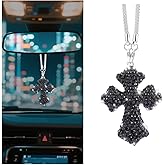 FALVFUN Bling Cross Car Rear View Mirror Hanging Ornament, Crystal Rhinestones Religious Vehicle Rearview Mirror Pendant Charm, Auto Interior Decoration Accessories, Universal Fit (Black)