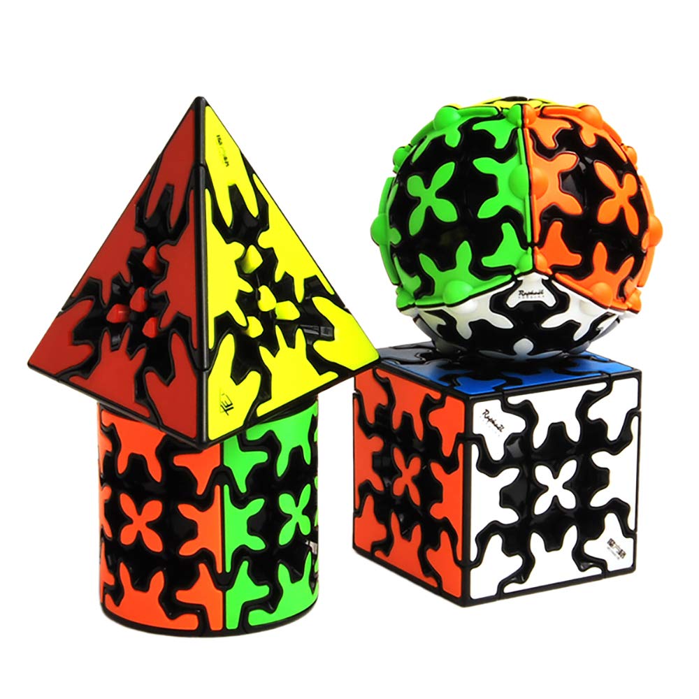 Yealvin Gear Cube Set, Magic Cube Bundle of Gear Pyraminx Cube 3x3 Gear Cube Gear Cylindrical and Ball Cube Speed Cube Puzzle Cubes 4Pcs