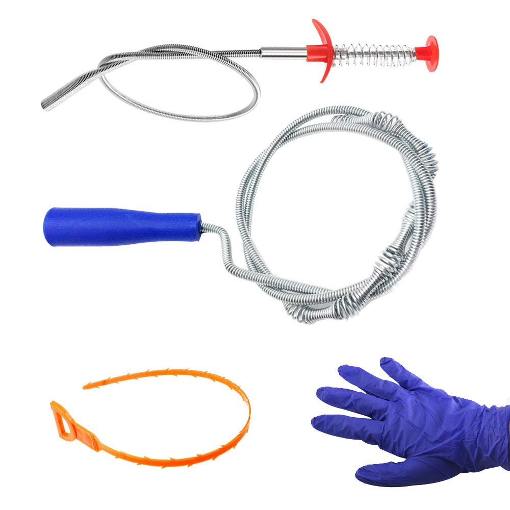 FOGAWA 4 Pack Drain Unblocker Tools Drain Snake Flexible Sink Unblocker Tool Shower Drain Unblocker Hair Clog Remover Spring Pipe Dredging Tool with Glove for Kitchen Bathroom Bathtub Toilet