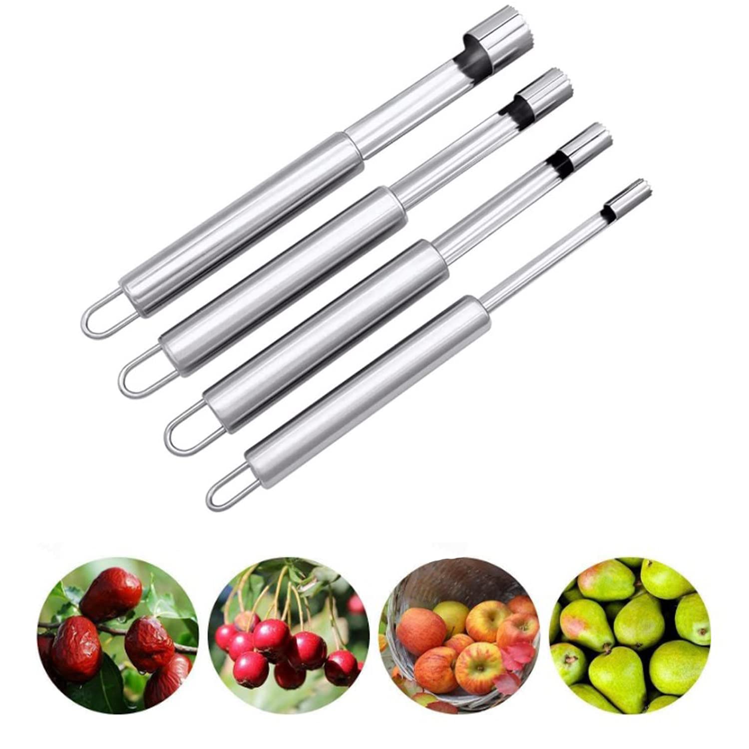 4 Pieces Stainless Steel Fruit Corer, Cherry Core Remover, Serrated Apple Pear Corer Easy Grip, Multi Function Tool for Kitchen Home, Hygienically Removes The Inedible Part in Seconds