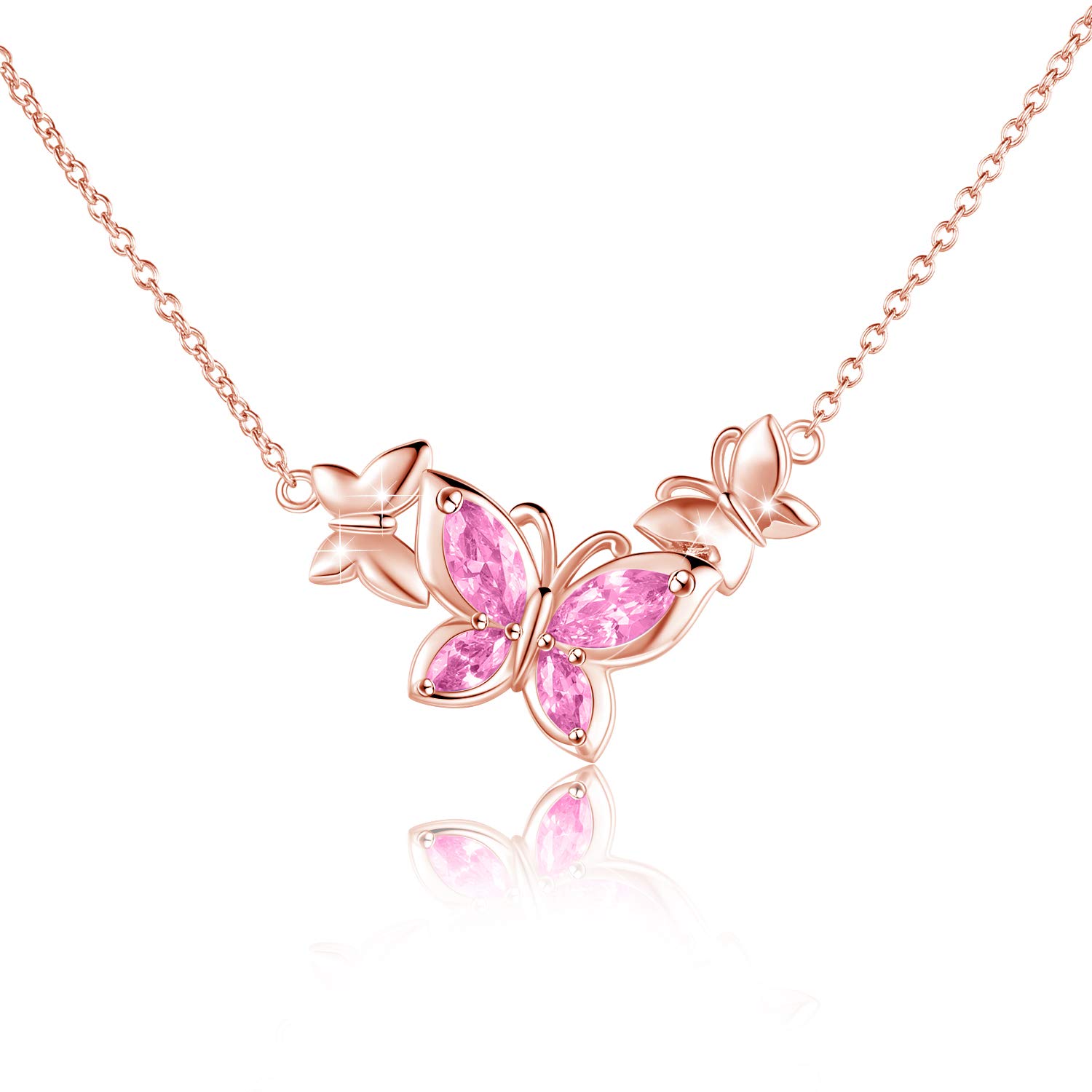 WINNICACA Butterfly Pink Crystal Necklace Sterling Silver October Birthstone Jewellery Gifts for Women Teens Birthday