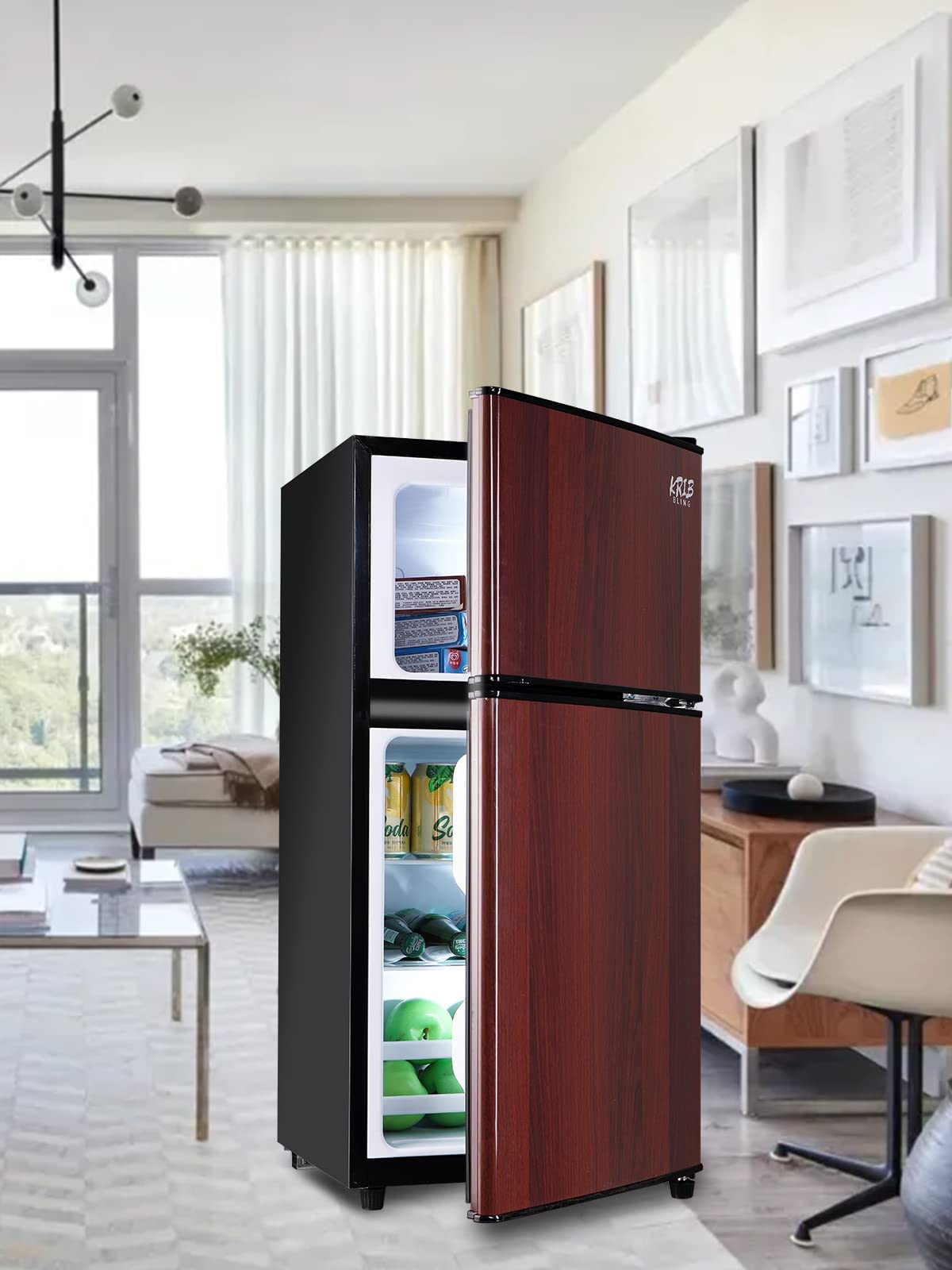 KRIB BLING Mini Fridge With Freezer,Compact Refrigerator With 2 Doors,7- Level Adjustable Thermostat, Removable Glass Shelves For Bedroom, Office, Kitchen, Apartment, Dorm,3.5 Cu. Ft Wood