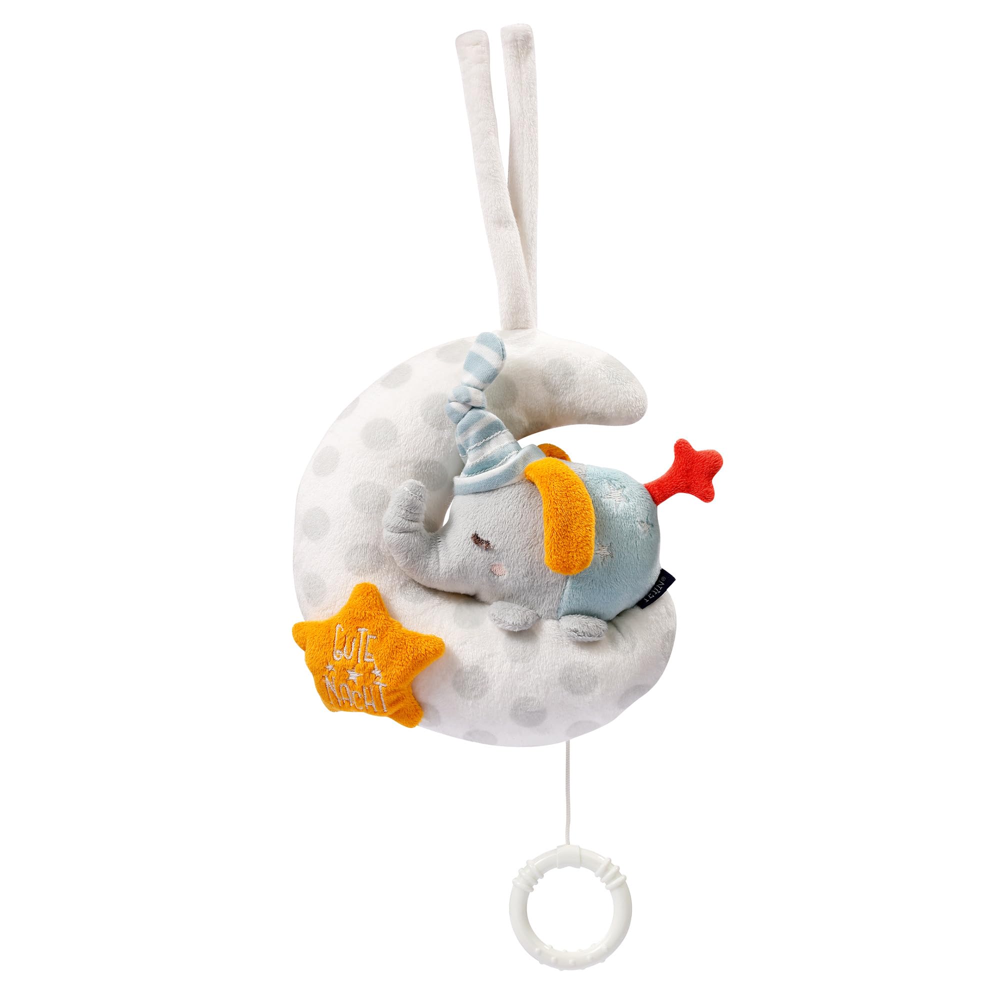 Fehn 053067 Musical Box Elephant in The Moon - Cuddly Toy & Sleep Aid with"Glow-in-The-Dark" Embroidery - Wind Up Music Box with Melody"The Moon is Up" - for Babies from Birth