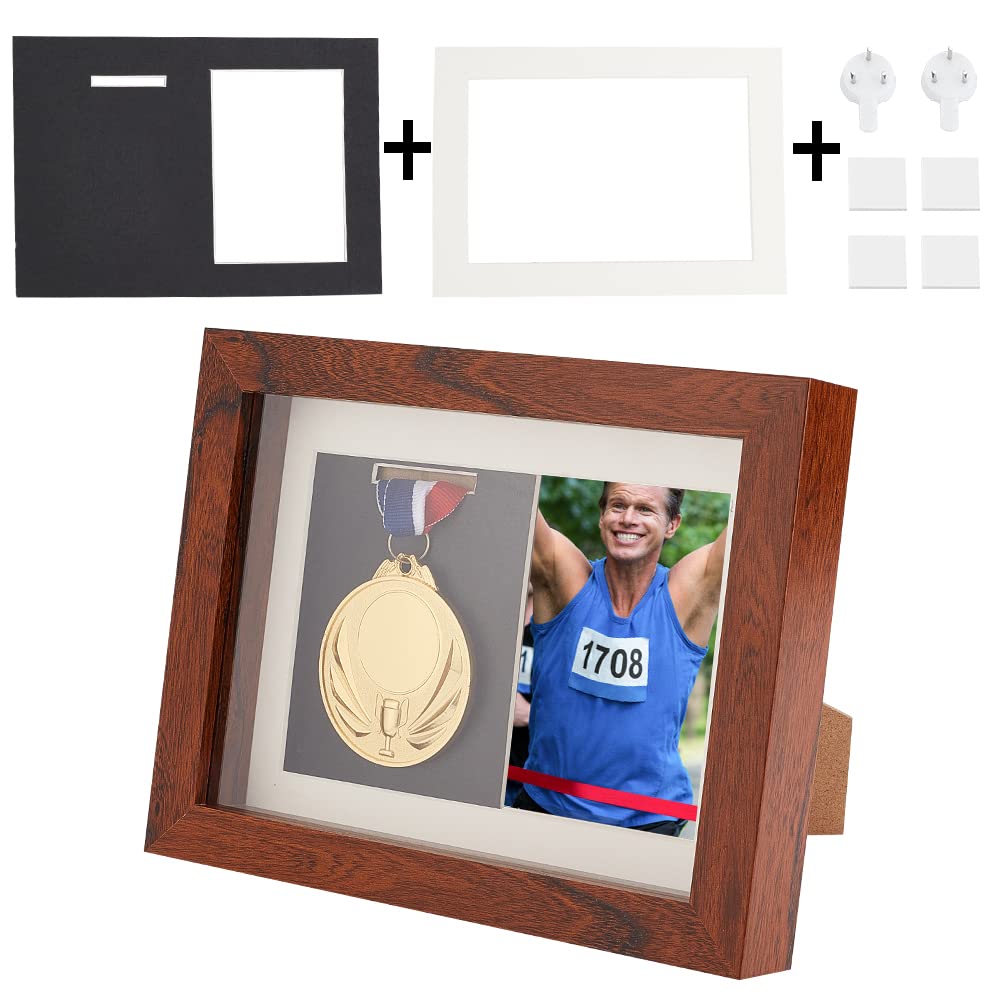 OLYCRAFT Medal Display Shadow Box Brown Medal Display Case Natural Wood Photo Frames with Clear Window for Military Medals Beach Tags Jewelry Pins Pin Enthusiast Collectibles -175x182x227mm