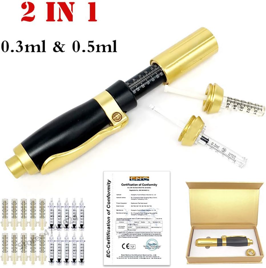 WHY 2 in 1 Hyaluron Injection Pen Two Head 0.3Ml &0.5Ml High Pressure Acid Guns Beauty Tools with 10 Ampoule Head for Anti Wrinkle Lip Lifting