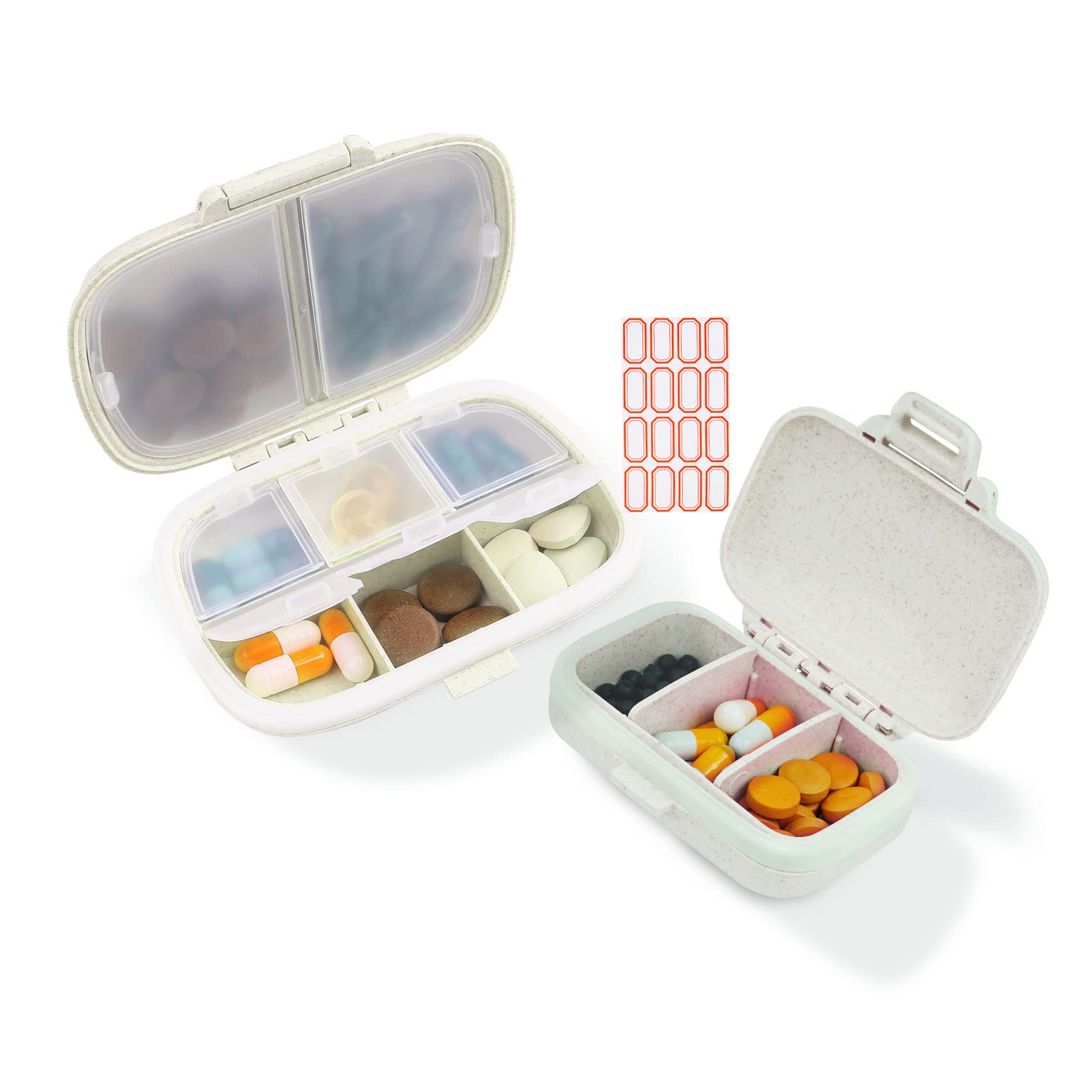Photo 1 of 2 Pack Pill Organizer Box - Small Pill Dispenser Home Travel Essentials Supplement Holder Portable Vitamin Case 8 Compartment & 3 Compartment Container Daily Medicine