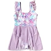 Girls Cute One Piece Swimsuit Ruffle Sleeve Mermaid Bathing Suits Tulle Dress Swimwear