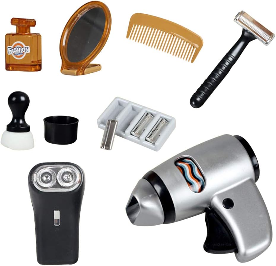 YAKOK 12Pcs Hair Dryer Set Toy, Pretend Play Haircut Toy, Barber Set for Kids, Includes Shaver, Mirror, Comb, Shaver Blade, Powder Brush, Role Play Toys