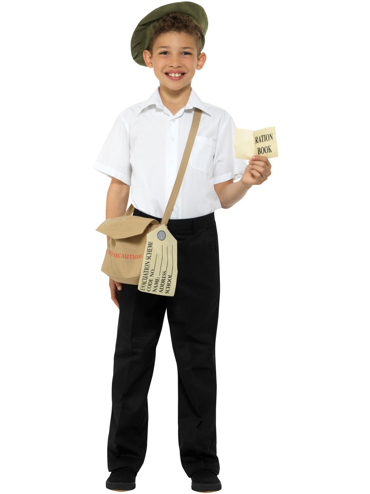 Smiffys Evacuee Instant Kit, Brown with Hat, Bag & Ration Book, Boys Fancy Dress, Child Dress Up Accessories