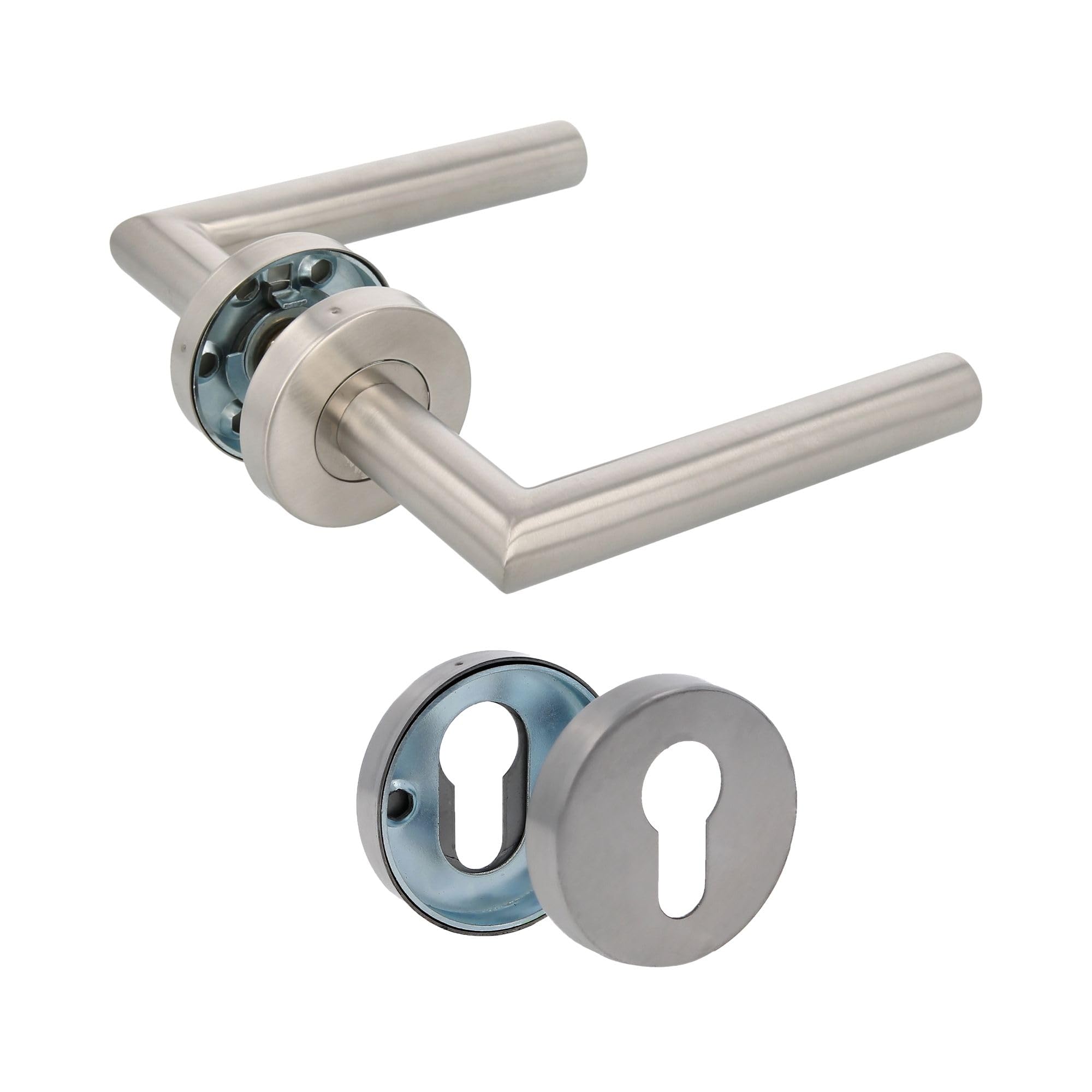 Amig - Door Handle Set on Rose - 136 x Ø19 mm - Elegant and Simple Design - Ideal for Your Home or Office - Stainless Steel - Matte Silver - Includes Euro Cylinder Keyhole Cover