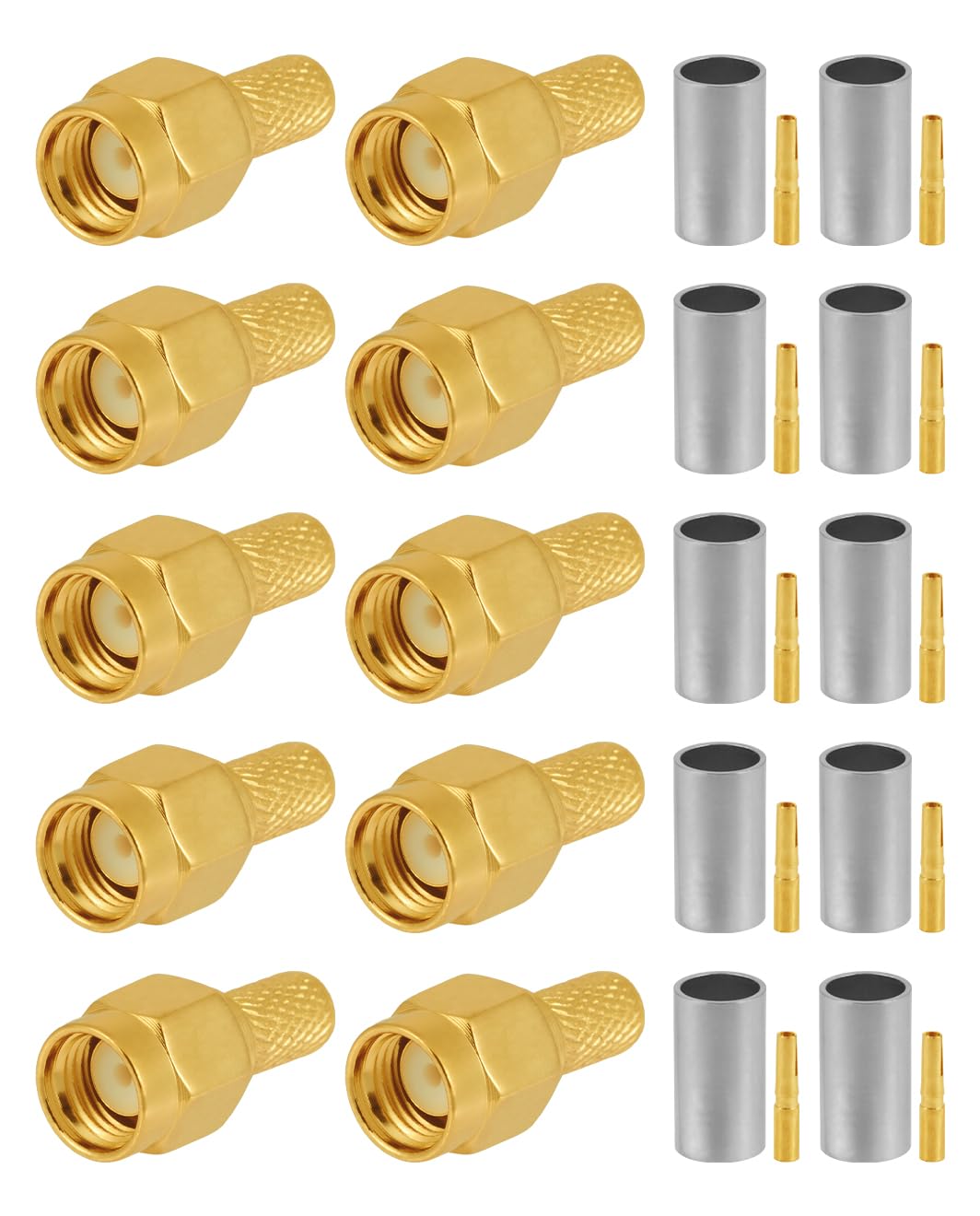 Vecys 10 PCS RP SMA Connectors RP SMA Male Crimp Connector for RG58 RG142 RG400 VLMR195 RF Coax Cable