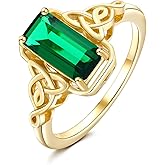 DAYBYDAY Celtic Birthstone Rings for Women, 925 Sterling Silver/18K Gold Plated Emerald Cut Celtic Knot Engagement Wedding Ring, Square Created Gemstone Promise Rings for Her Size 6-10