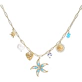 LALAPPLE Chunky Charm Necklace for Women 14K Gold Plated Stainless Steel Trendy Cute Summer Beachy Charm Pendant Hypoallergenic,Boho Summer Seashell Beach Starfish Surfer Jewelry