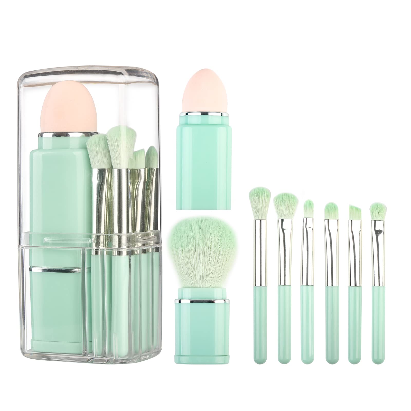 Travel Makeup Brushes Set Portable, 8 pcs Retractable Brush Make up set, Powder Blush Concealers Eye Face Cosmetic Brushes Multifunctional Small Make up Brushes set with Case (Green)