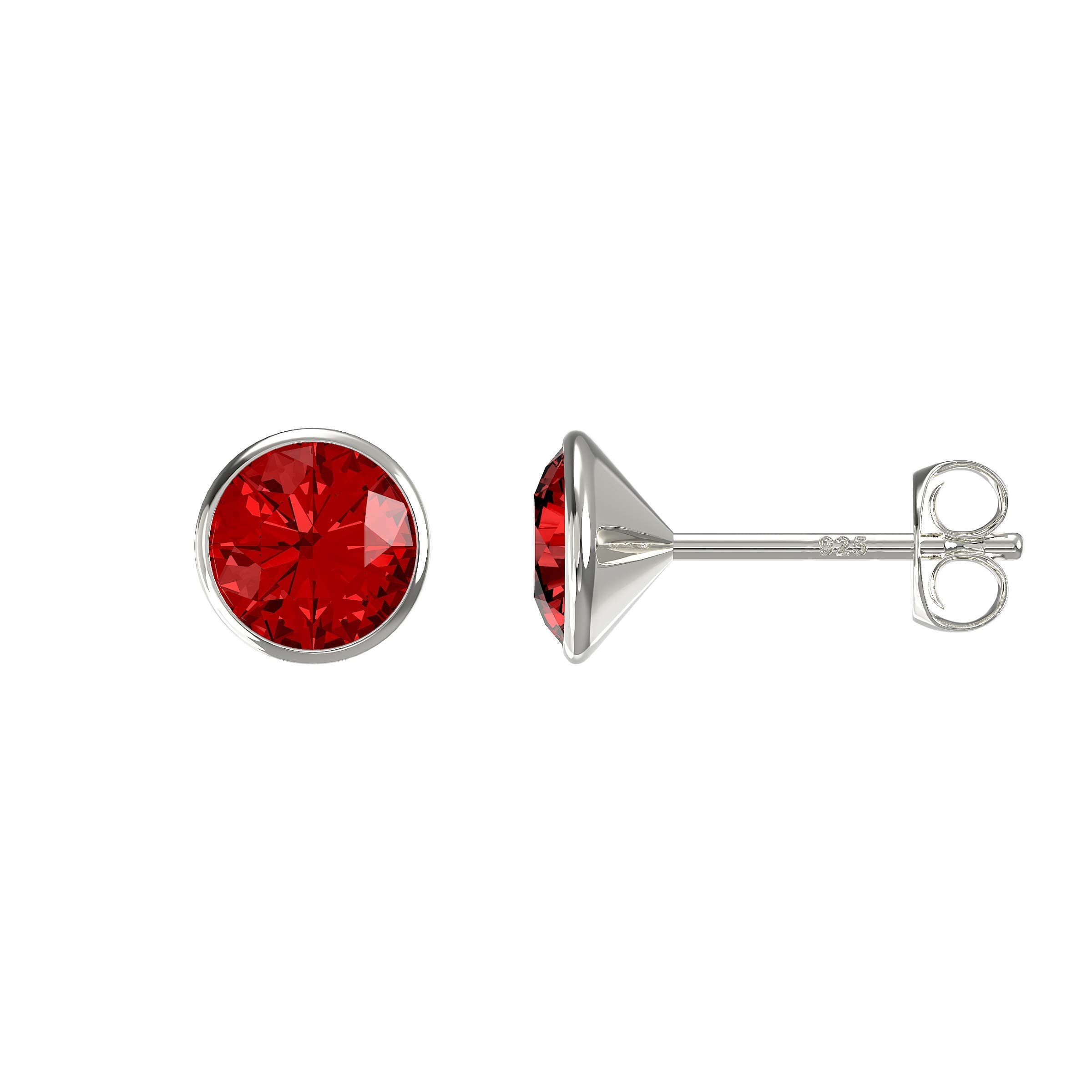 Aeon Birthstone Stud Earrings -July Red Ruby | 925 Sterling Silver & Swarovski Crystal | Polishing Cloth Included | Bezel Set Stone