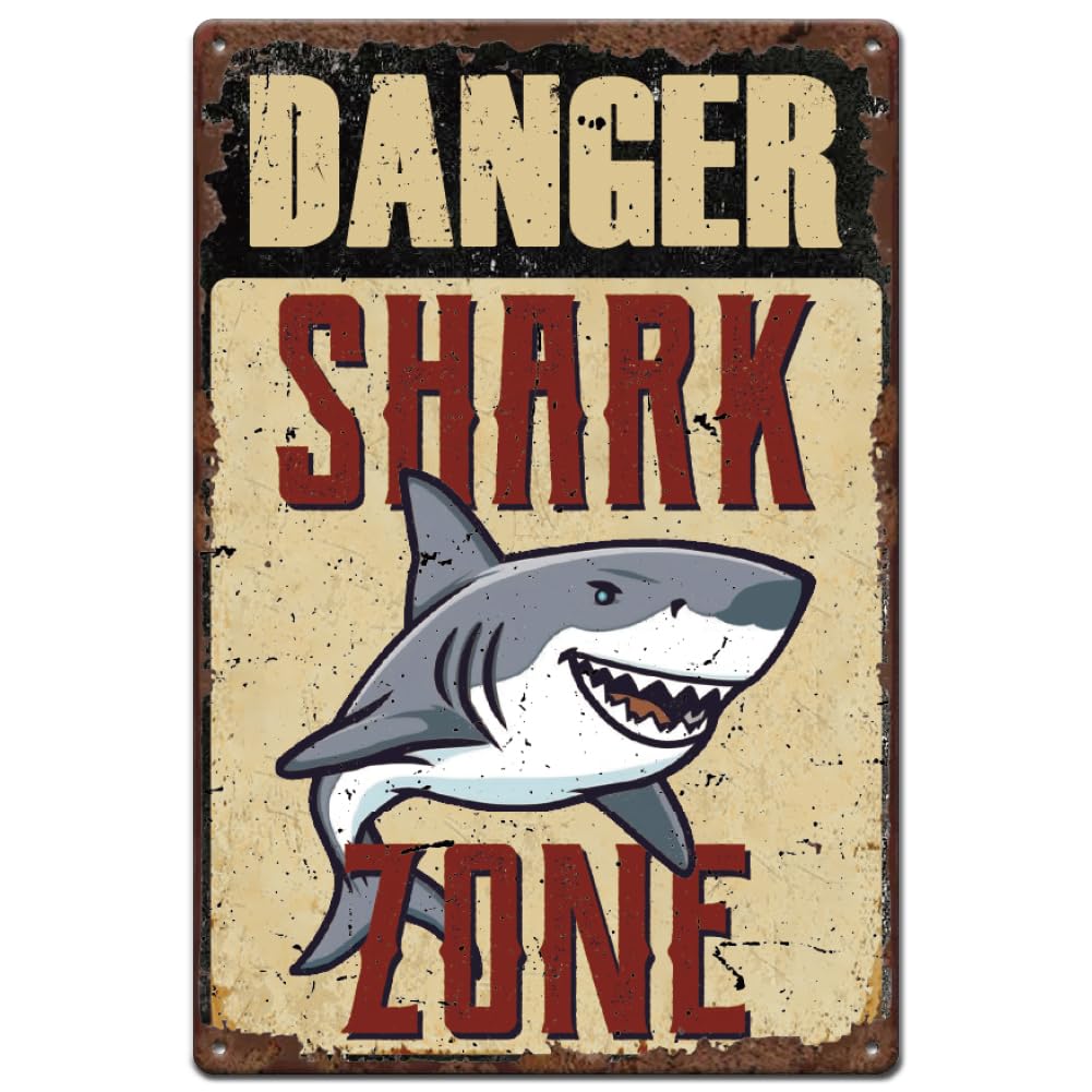SUPERDANT Shark Tin Sign Sea Animal Metal Sign Danger Shark Zone Metal Tin Signs Funny Shark Signs and Plaque Old Fashion Aluminum Sign for Playroom Bathroom Billiard Room Bars Cafes Pubs