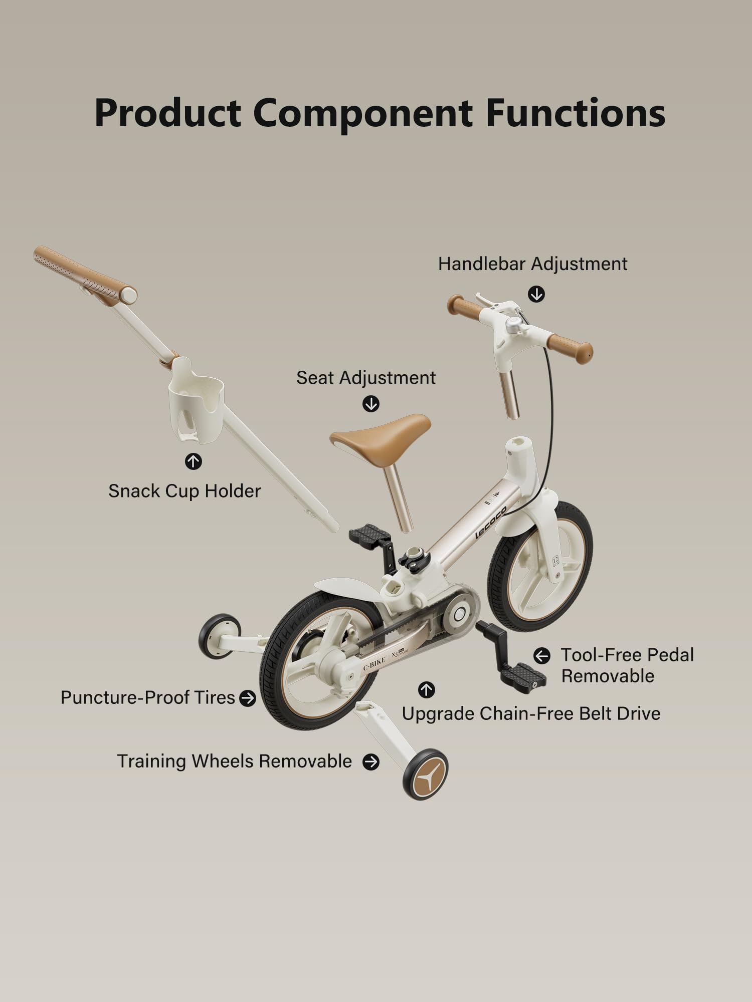 lecoco Toddler Bike with Push Handle 6 in 1 for Kids, Balance Bicycle Toys with Training Wheels, Brackes, Cup Holder, Pedal, Kickstand Birthday Gift for Boys and Girls (Upgraded)