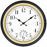 45Min 12 Inch Indoor/Outdoor Retro Round Waterproof Wall Clock with Thermometer, Silent Non Ticking Battery Operated Quality Quartz Wall Clock Home/Patio Decor