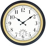 45Min 12 Inch Indoor/Outdoor Retro Round Waterproof Wall Clock with Thermometer, Silent Non Ticking Battery Operated Quality Quartz Wall Clock Home/Patio Decor