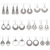 ANATTASOUL 12 Style Antiqued Tibetan Silver Earring Bohemian Engraved Earrings Vintage Dangle Earrings for Women Retro Ethnic Earrings Jewelry Tibetan Flower Earring Drop Assorted Pack