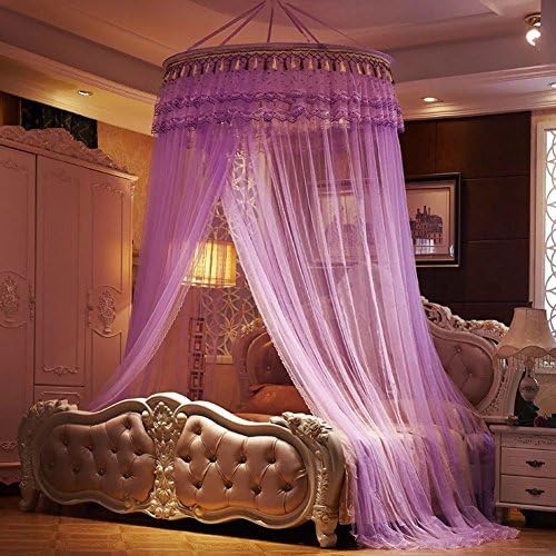 Round Princess Mosquito Net Canopy with Lace Dome Princess Fly Screen Netting Bug Screen Repellant for Home Travel (Purple)