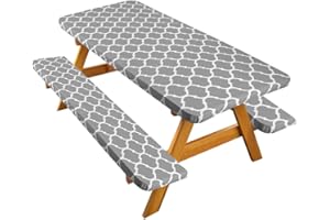 Aksipo Vinyl Picnic Tablecloths and Bench Covers, Waterproof Picnic Table and Bench Seat Covers with Elastic Edges for Outdoor Patio Park, Gray Moroccan Trellis Flannel Backing, 72 Inch 3 Piece Set