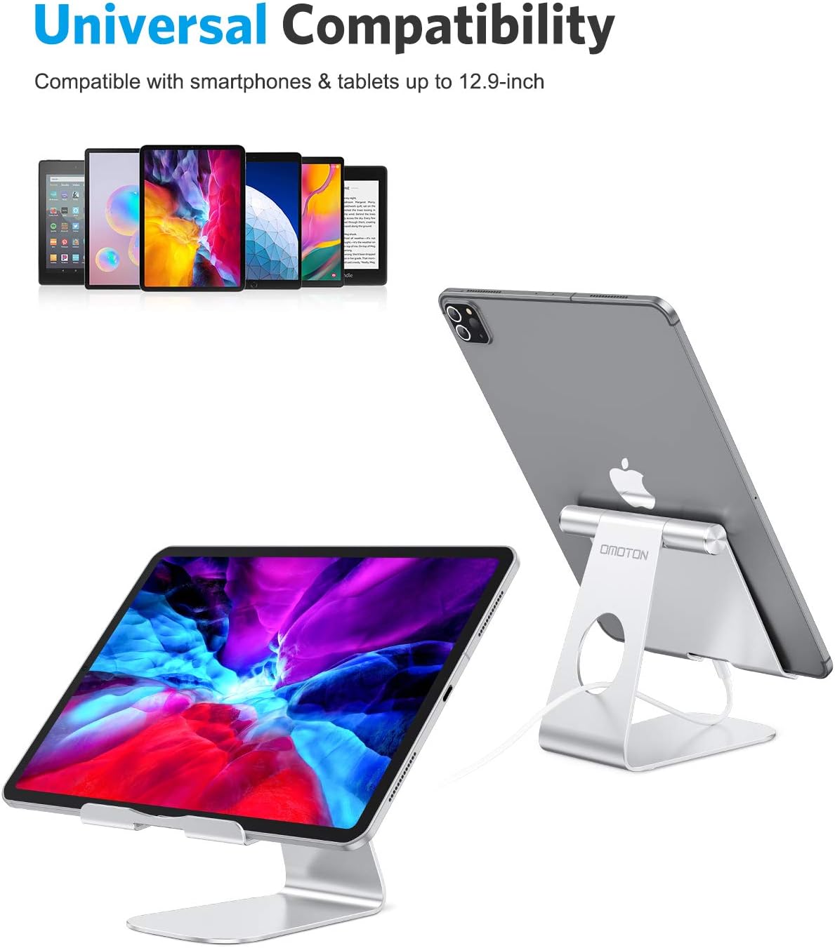 Tablet Stand Holder Adjustable, OMOTON T1 iPad Stand, Desktop Aluminum Tablet Dock Cradle Compatible with iPad Air 4/Mini, New iPad 10.2/9.7, iPad Pro 11/12.9, Samsung, Nintendo and More, Silver: Computers & Accessories