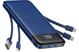 charmast 20000mAh Portable Charger with Built in Cables, 22.5W Travel Power Bank Fast Charging, USB C Cell Phone Battery Pack for iPhone 16/15/14/13/12/11 Series, iPad, Samsung, Android, Tablet