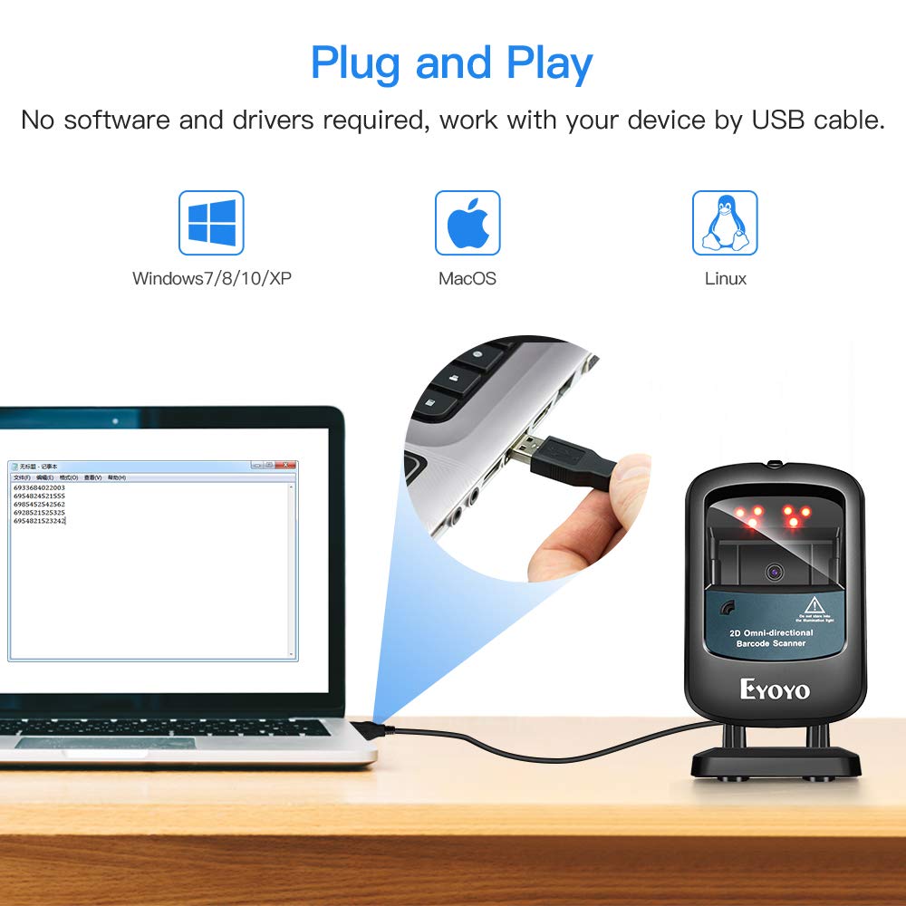 Eyoyo 2D Hands-Free Barcode Scanner, Omnidirectional USB Wired Desktop Barcode Reader 1D 2D PDF417 Data Matrix Bar Code Reader with Automatically Scanning for Retail Store Supermarket Mall Business