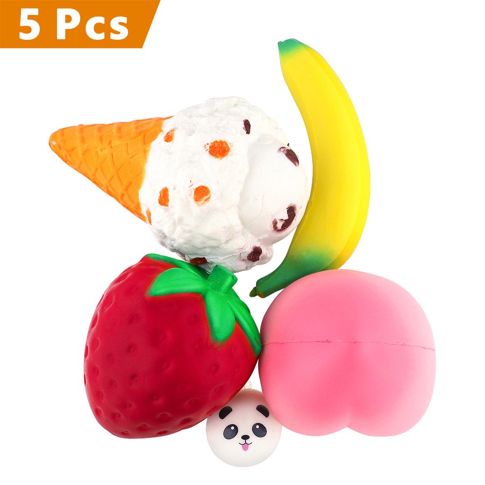 rosybeat 5PCS Squishies Pack Jumbo Scented Fruit Squishy Squeeze Toy Soft Slow Rising Squishys for girls and boys Stress Reliever Gift （Strawberry Peach Banana Ice Cream Cone Panda ）