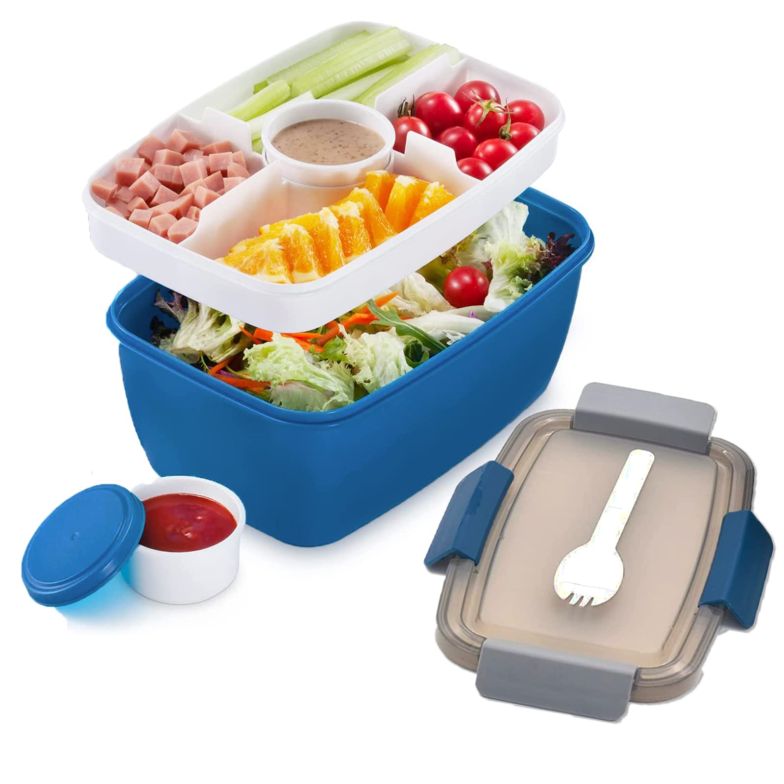 MUJUZE Lunch Box with Dividers Large,Salad Containers for Lunch Adults, 2000ML Salad Bowl,Sustainable,Leak-Proof, BPA-Free,Salad Box to Go,Fruit Containers for Work Picnic Travel(Blue)