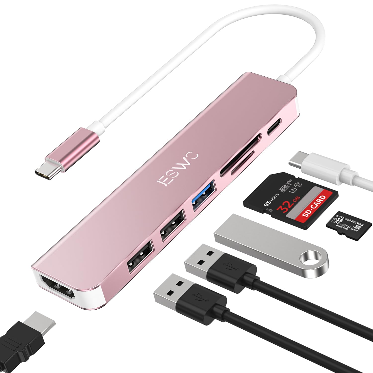 USB C Hub, JESWO 7 in 1 USB C Adapter with HDMI 4K, USB 3.0, SD/TF Card Reader, 100W PD, Multiport Adapter Compatible with MacBook Pro/Air, iPad Pro, Dell XPS Type-C Devices..(Pink)