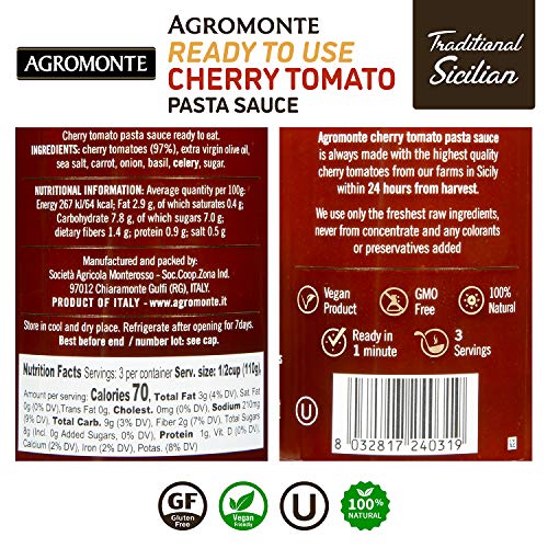 Agromonte Authentic Italian Cherry Tomato Pasta Sauce (Classic)- Taste of Italy Gourmet Foodie and Chef Gift - Ready to Use, Certified Kosher, Gluten-Free, All Natural 11.64oz (single)