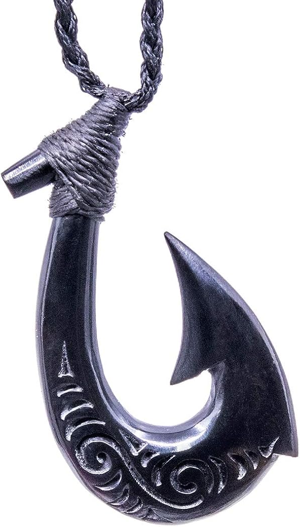 Stylized Maori Hawaiian Black Horn Fish Hook with Scrimshaw