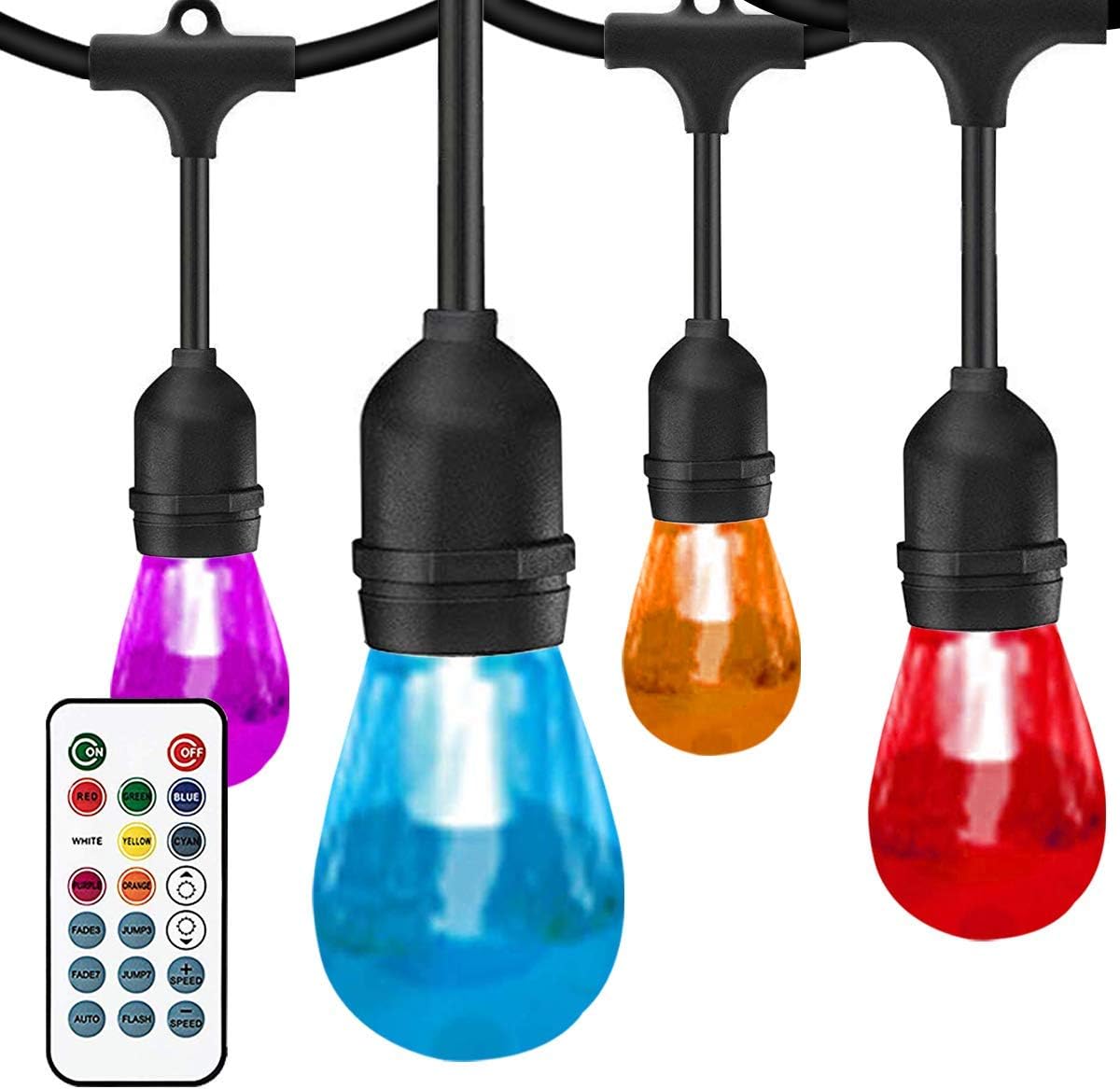 SUNTHIN Outdoor String Lights Color Changing, 42ft Patio Lights, 15 Sockets, 0.3 Watt S14 Edison Acrylic Shatterproof Bulbs, Commercial Grade, LED Cafรฉ String Lights with Wireless Remote Control