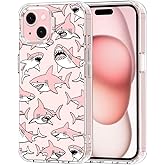MOSNOVO Case for iPhone 15, [Buffertech 6.6ft Military-Grade Drop Protection] [Anti Peel Off Tech] Clear TPU Bumper Phone Case Cover Design - Pink Sharks