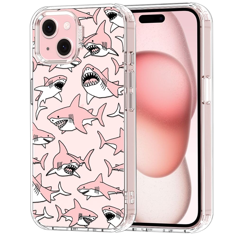 MOSNOVO Case for iPhone 15, [Buffertech 6.6ft Military-Grade Drop Protection] [Anti Peel Off Tech] Clear TPU Bumper Phone Case Cover Design - Pink Sharks — image 1