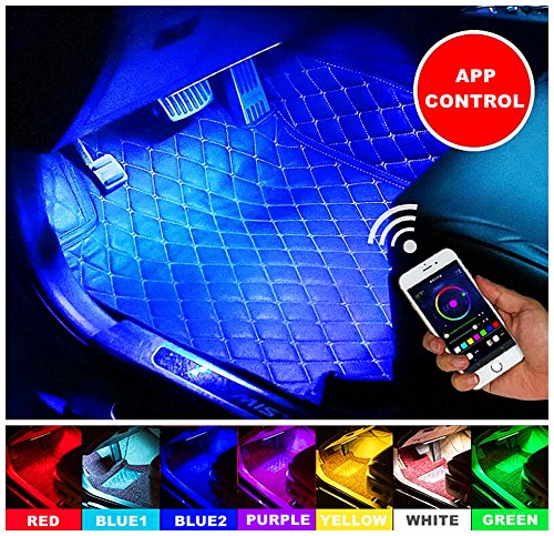 ELINKUME Car LED Strip Light, 4Pcs 48 LED DC 12V Multicolor Music Car Interior Light Kit with Wireless App Control Sound Active Function, Car Charger Included