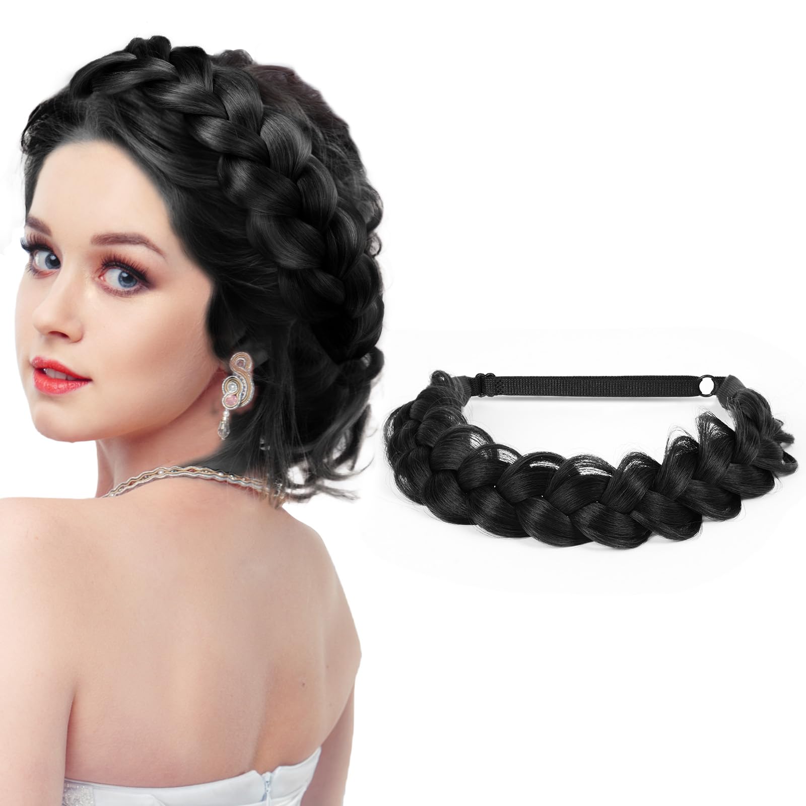 LOPHE Hair Braid Headband, Messy Wide 2 Strands Chunky Fishtail Braided Headband, Fluffy Wide Strands Wedding Hair Band, Fluffy Braids Wig Band for Women and Girls (Black)