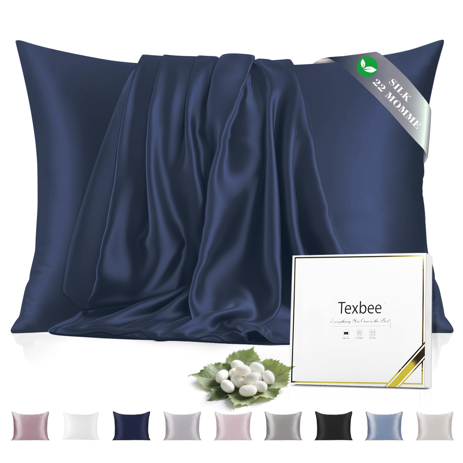 Texbee Silk Pillowcase, 22 Momme Mulberry Silk Pillowcases for Hair and Skin Health, Soft Smooth Breathable Cool Pure Pillow Case for Beauty Sleep, with Gift Box, 1pc (Standard 50x66 cm, Navy Blue)