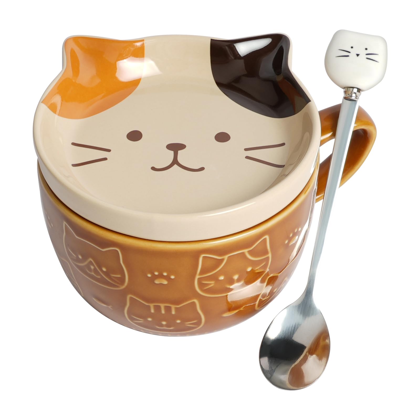 HOTUT Cute Cat Mug with Lid, Cute Animal Coffee Tea Cup Saucer Set, Kawaii Ceramic Mugs with Biscuit Holder and Spoon, Funny Novelty Cat Breakfast Mugs for Girls Friend Kids Men Wife Mum - Brown