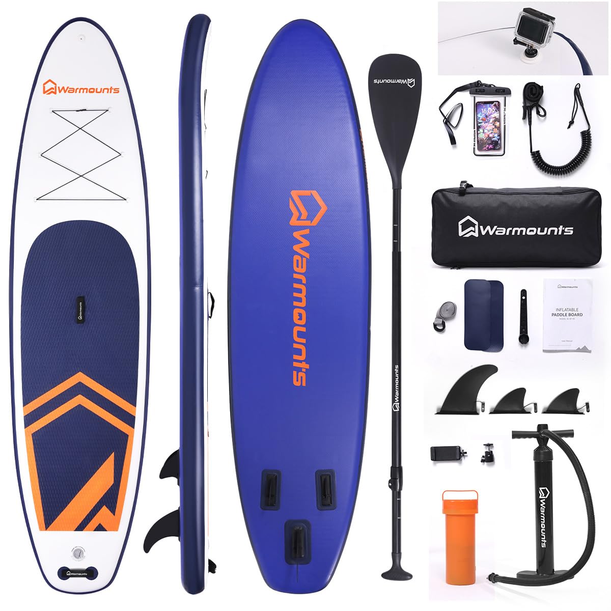 Warmounts 350cm Aufblasbares SUP Board, 86cm Breit Stand Up Paddle für Anfänger & Erwachsene, Allround Paddleboard mit Verstellbarem Paddel, Kamerahalterung, Pumpe und Rucksack, 190 kg