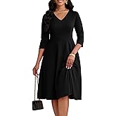 CLOCOR Casual Dresses for Women Semi Formal Fit and Flare Dress A-Line V-Neck 3/4 Sleeve Church Dresses with Pockets