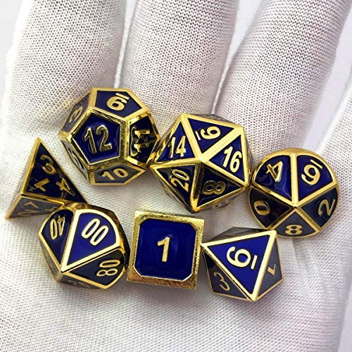 Set of 7 Metal Dice Shiny Gold Finish with Royal Blue Enamel Paint for RPG DND MTG Table Games