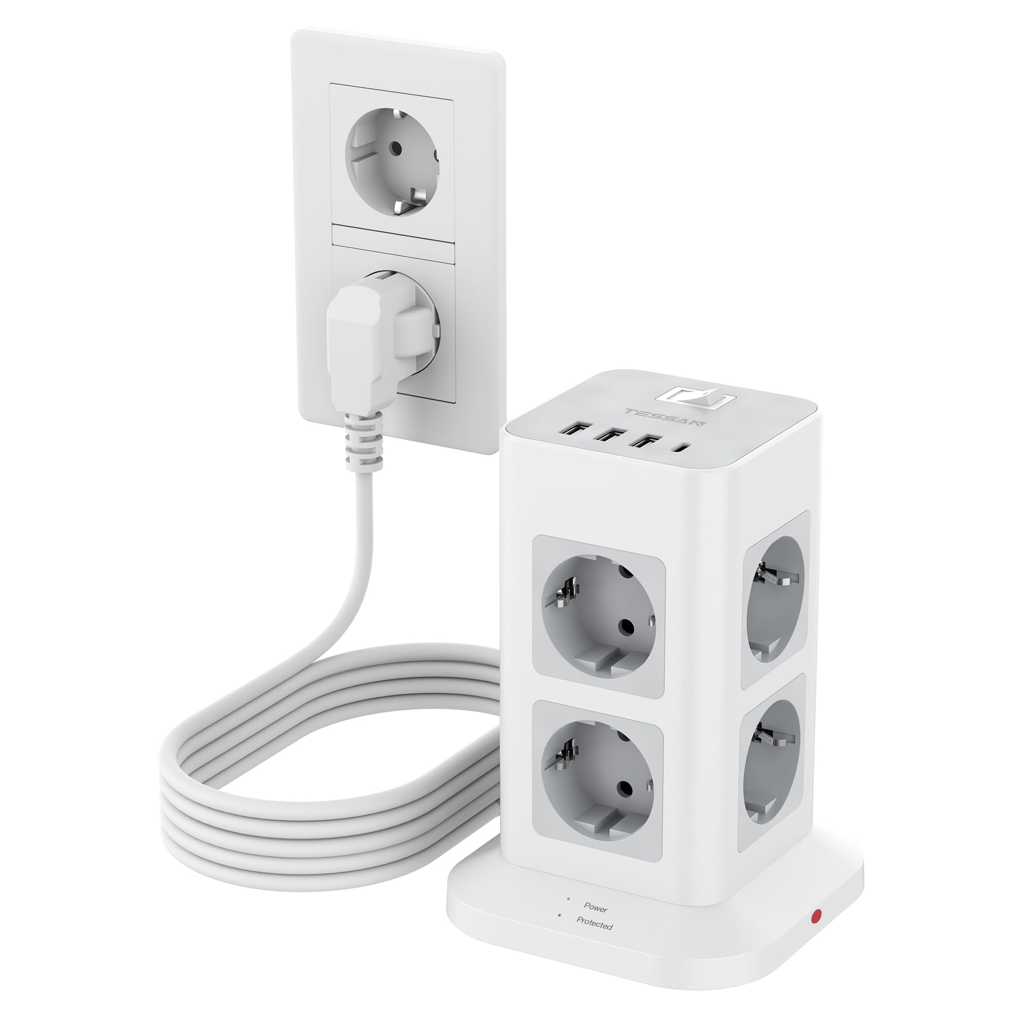 TESSAN 8 Fach Mehrfachsteckdose mit USB C, Verlängerungskabel 5M mit 4 USB und Steckdosenleiste Überspannungsschutz, 3600W Steckdosenturm mit Schalter, Steckdosenwürfel für Büro, Grau