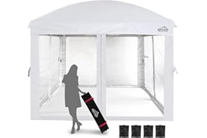AIGOCANO Canopy Tent with Netting Screen,10x10 Easy Pop Up Gazebo for Outdoor Parties,Camping,Foldable Patio Gazebo with Roller Bag and 4 Sandbags (White)